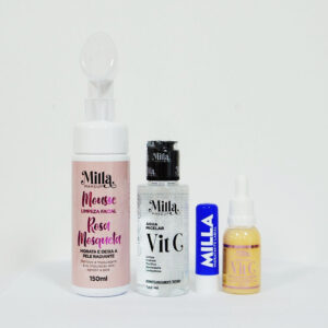 Kit skincare, Vitamina C, Sérum facial, Nano Vitamina C, Água Micelar, Limpeza 5 em 1, antioxidante, Ácido Hialurônico, Hidratante Labial, Milla Makeup.