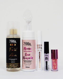 Máscara Super Longos, Gel 2 em 1, Gel Sobrancelha, Máscara Resistente à Água, Ácido Hialurônico, Lip Oil, Body Splash, Cílios e Sobrancelha, Milla Makeup.