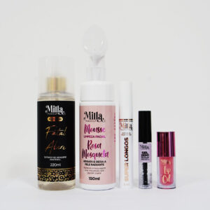 Máscara Super Longos, Gel 2 em 1, Gel Sobrancelha, Máscara Resistente à Água, Ácido Hialurônico, Lip Oil, Body Splash, Cílios e Sobrancelha, Milla Makeup.
